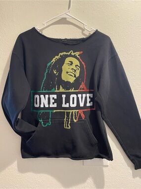 Bob Marley One Love Custom DIY Cropped Raw Edge Black Graphic Sweatshirt Women S